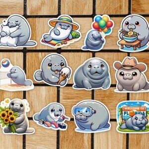 Manatee Sticker Pack of 12 Vinyl Stickers - Waterproof Die Cut Animal Stickers